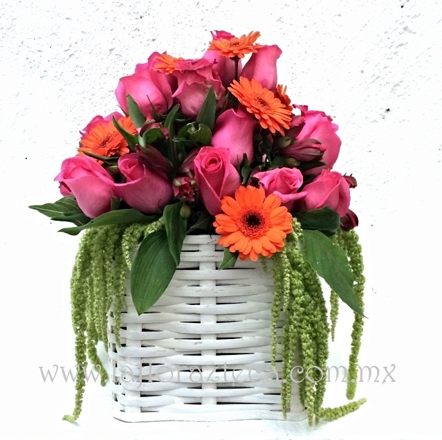 MD - 139  $780
Canasta de mimbre con rosas,gerberas y amaranto verde