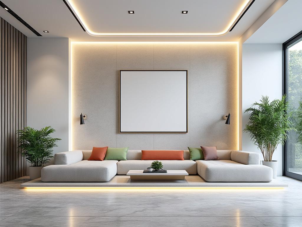 Sala de estar moderna con sofá en forma de L, cojines coloridos, plantas decorativas y gran ventanal.