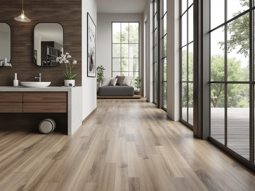 Interior moderno con suelo de madera, grandes ventanales, baño elegante y sofá gris.