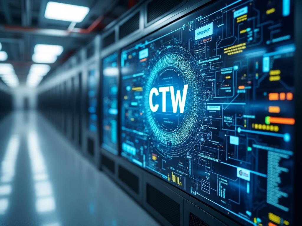 Data center hallway with illuminated servers and a digital screen displaying 'CTW' in a futuristic interface.