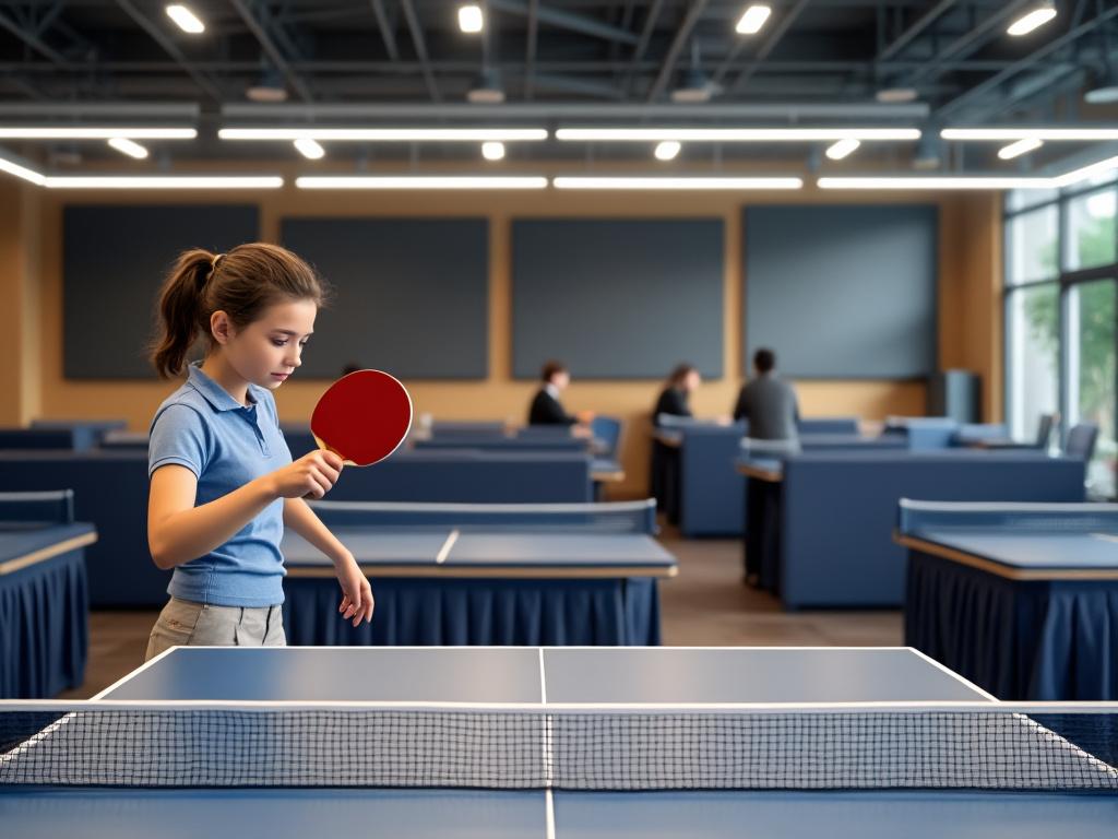 Young girl playing table tennis indoors, focused on serving in a spacious room with tables.