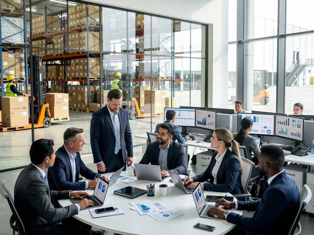 Equipo de logística en reunión de negocios con análisis de datos en oficina junto a almacén industrial Equipo de logística en reunión de negocios con análisis de datos en oficina junto a almacén industrial