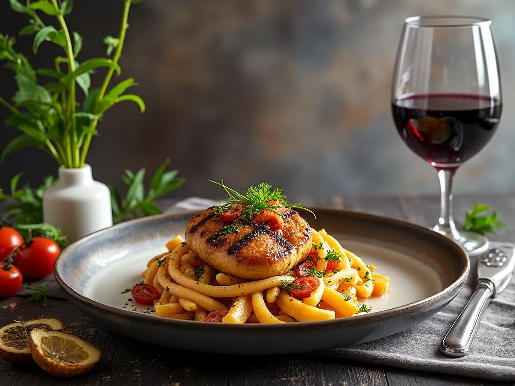 Plato de pasta con pollo a la parrilla y tomates cherry, acompañado de una copa de vino tinto en un ambiente elegante.