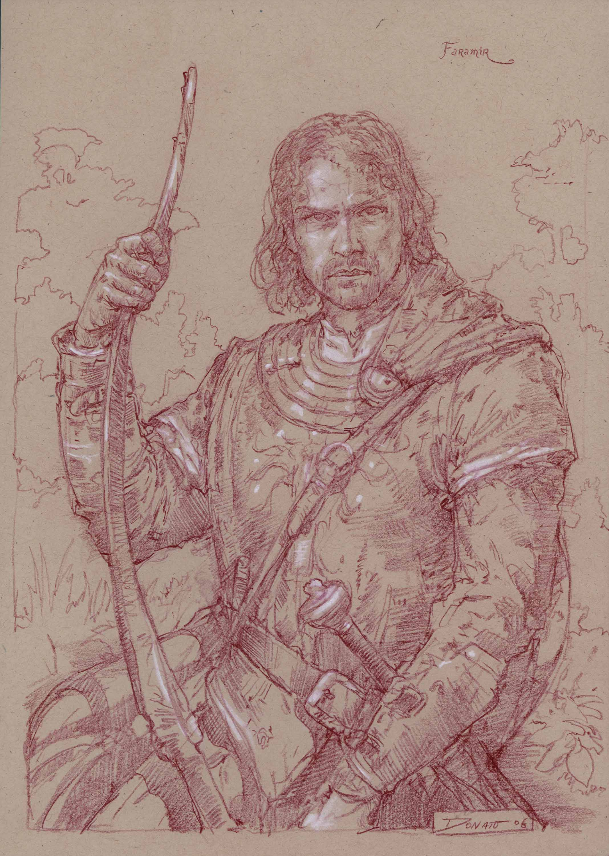Faramir in Ithilien
14" x11"  Watercolor Pencil and Chalk on Toned paper 2006
private collection