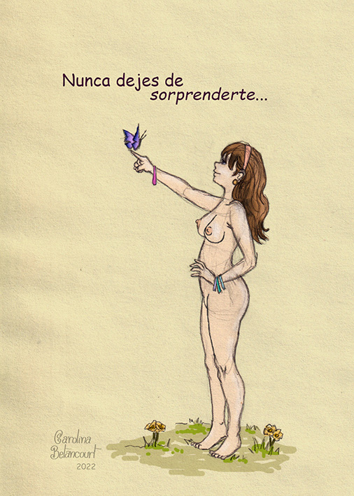 ilustracion de una chica desnuda en el campo con una mariposa