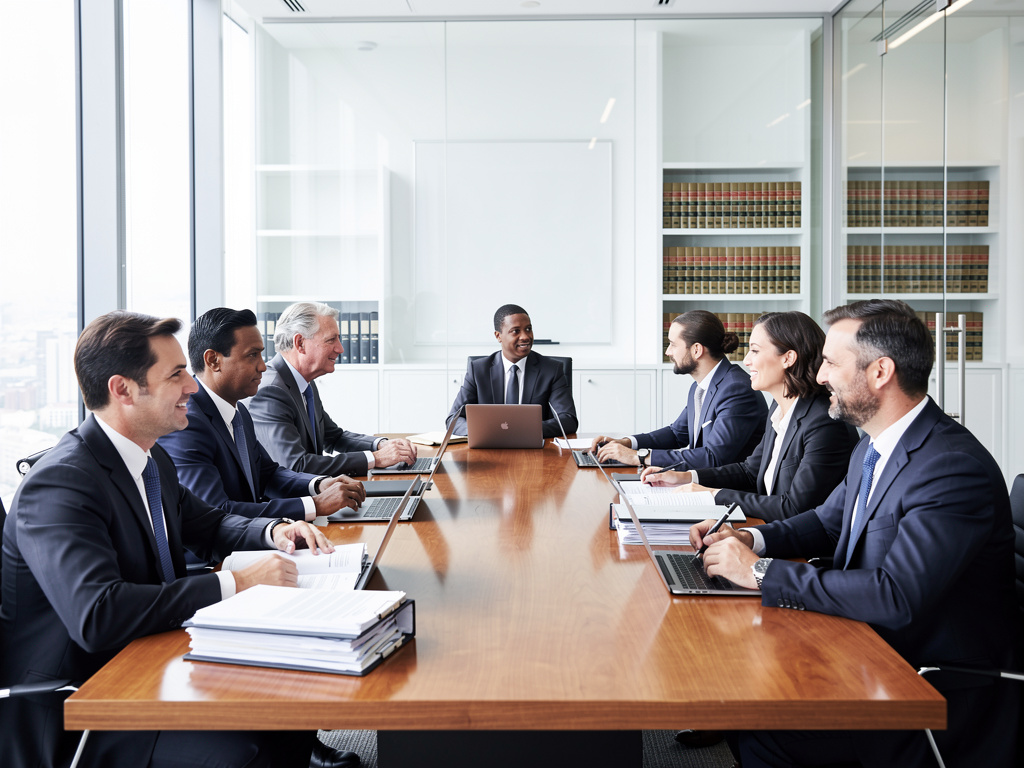 Equipo de abogados en reunión de negocios en sala de conferencias moderna con portátiles y documentos