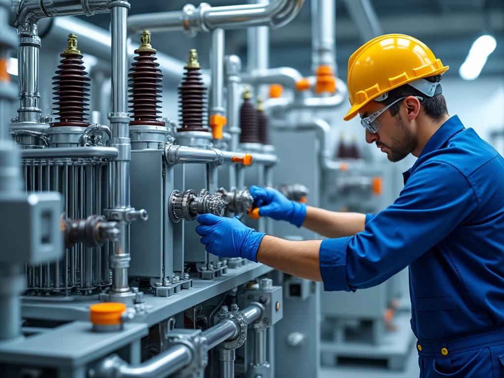 Técnico con casco amarillo y guantes azules trabajando en maquinaria industrial en una fábrica.
