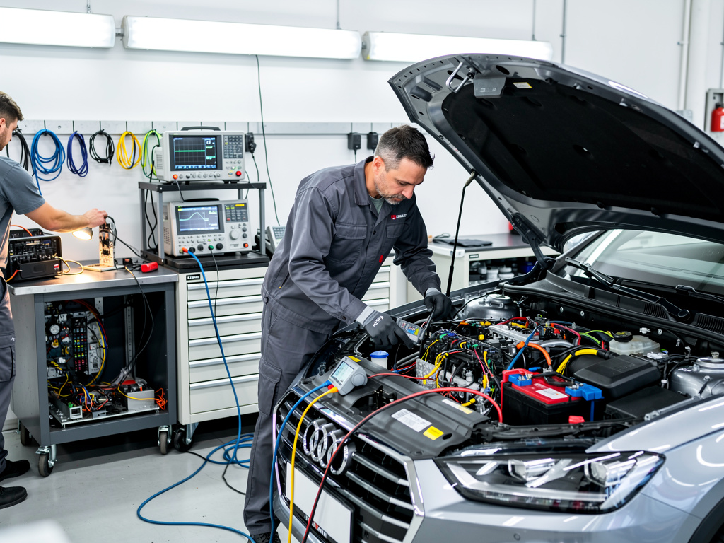 Mecánico diagnosticando sistema eléctrico de un Audi en taller automotriz con capó abierto y equipos de prueba Mecánico diagnosticando sistema eléctrico de un Audi en taller automotriz con capó abierto y equipos de prueba