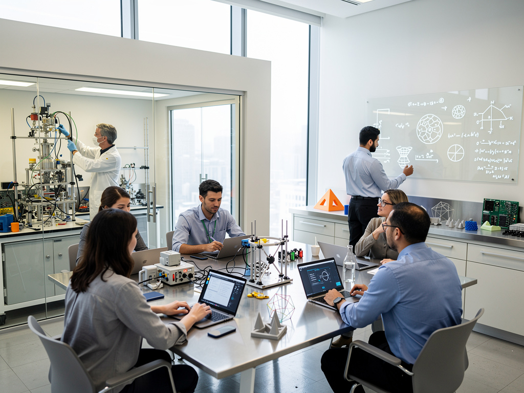 Researchers collaborating in a modern technology lab with laptops, scientific equipment, and whiteboard formulas