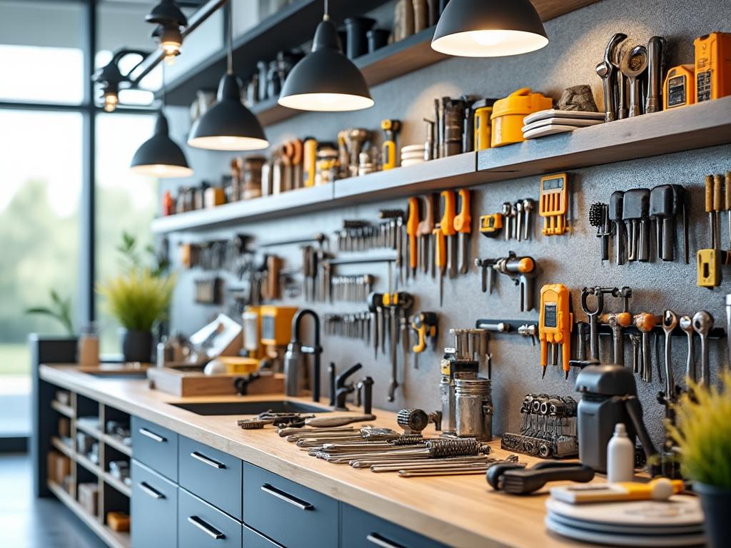 Estación de trabajo organizada con herramientas colgadas en la pared y utensilios sobre una mesa de madera, iluminada por luces colgantes.