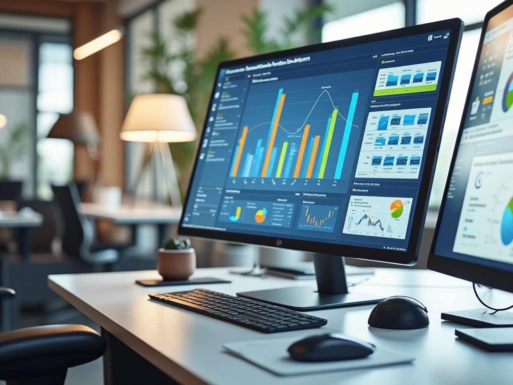 Modern office with computer displaying business analytics dashboard with graphs and charts.