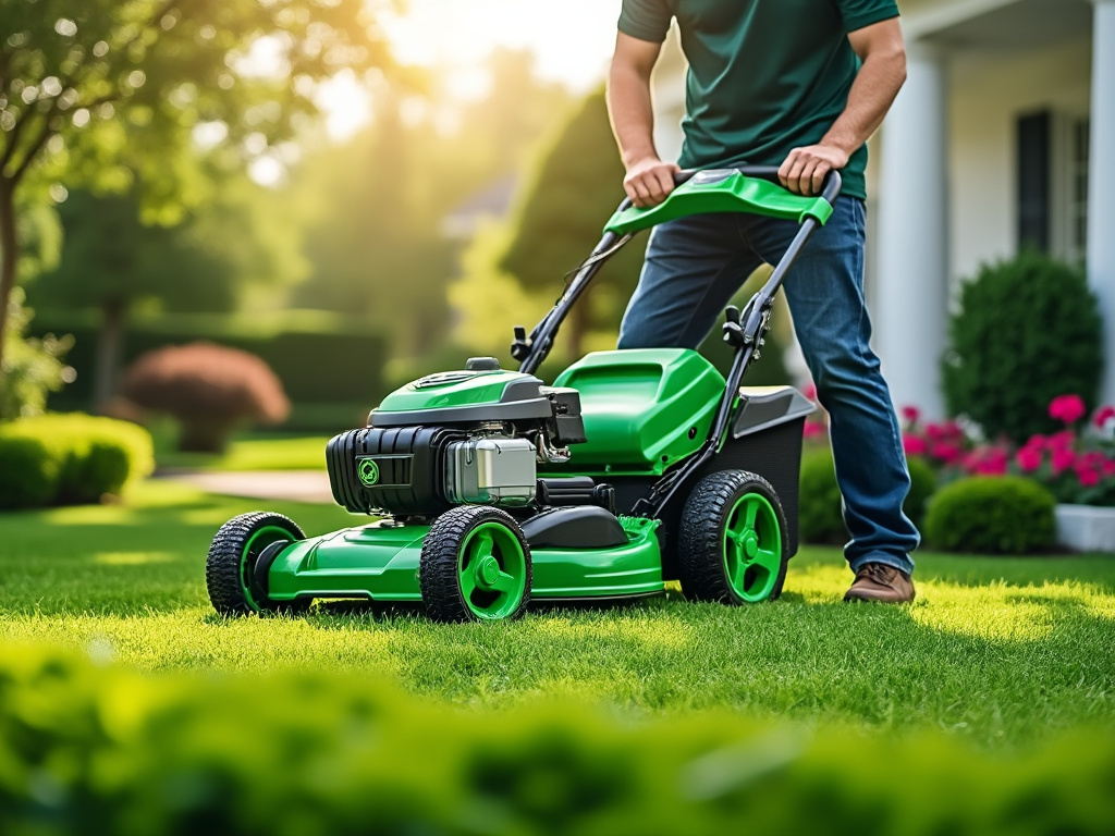 Person mowing lush green lawn with modern green lawnmower in a sunny garden setting.