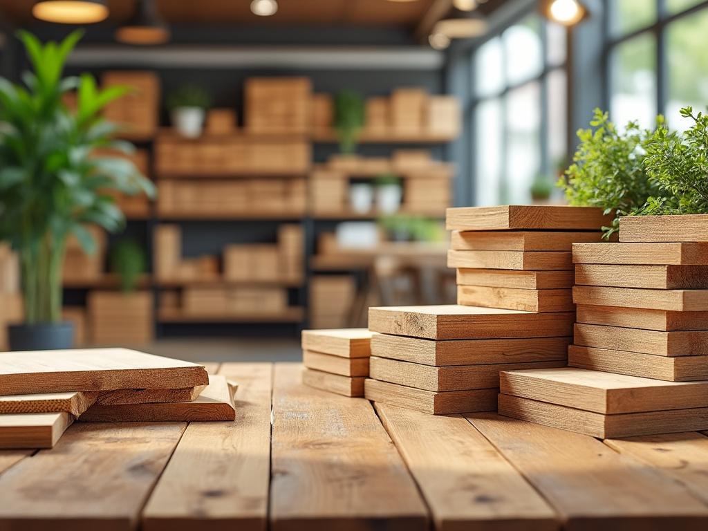 Mesa de madera con pilas de tablas de cortar y plantas en un entorno luminoso.