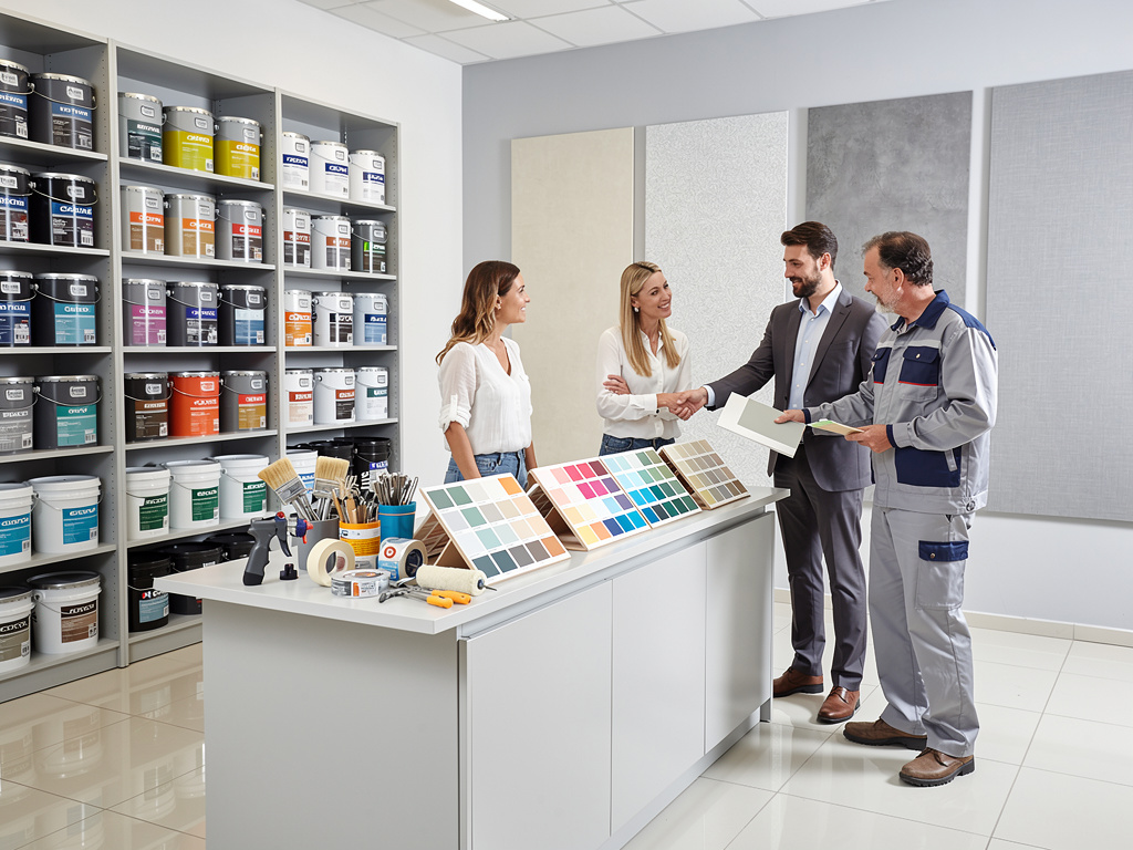 Clientes y asesor eligiendo colores de pintura en tienda con muestras, herramientas y estanterías de botes de pintura