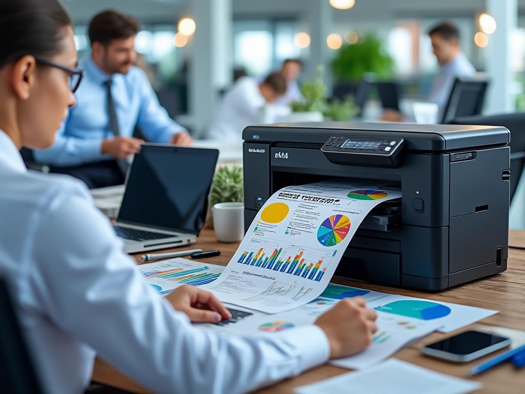 Persona en una oficina revisando gráficos impresos por una impresora, con colegas trabajando de fondo.