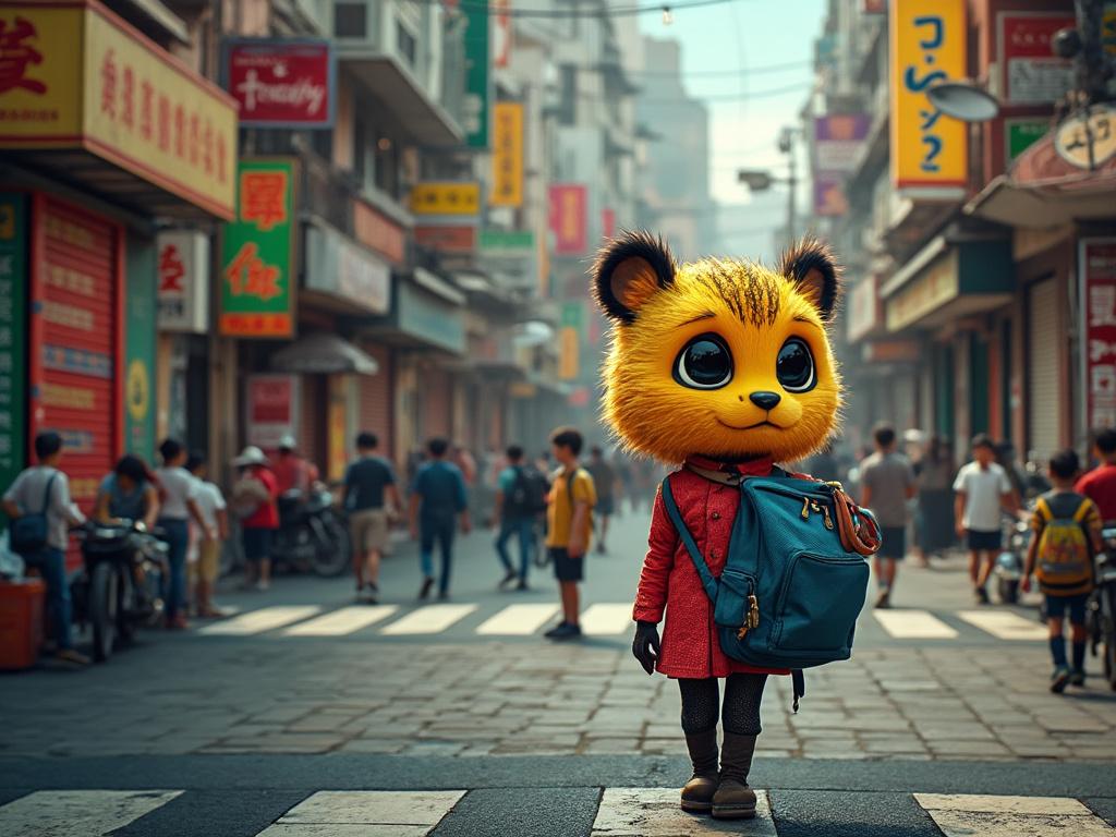 Personaje con cabeza de felino amarillo con mochila en calle urbana concurrida con carteles en chino.