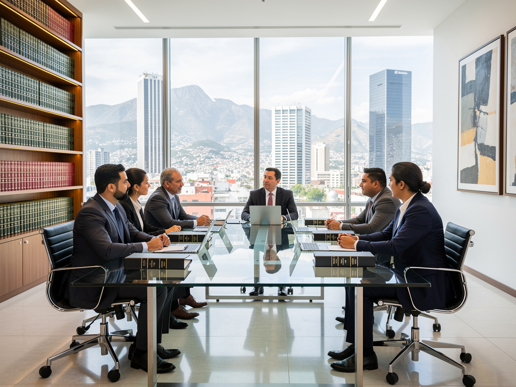 Abogados en reunión corporativa en una sala moderna con mesa de vidrio, biblioteca legal y vista panorámica de la ciudad