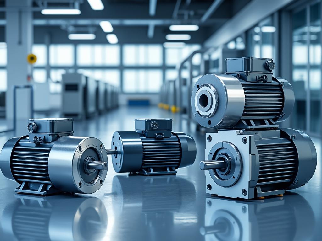 Industrial electric motors in a modern factory setting with metal polished surfaces.