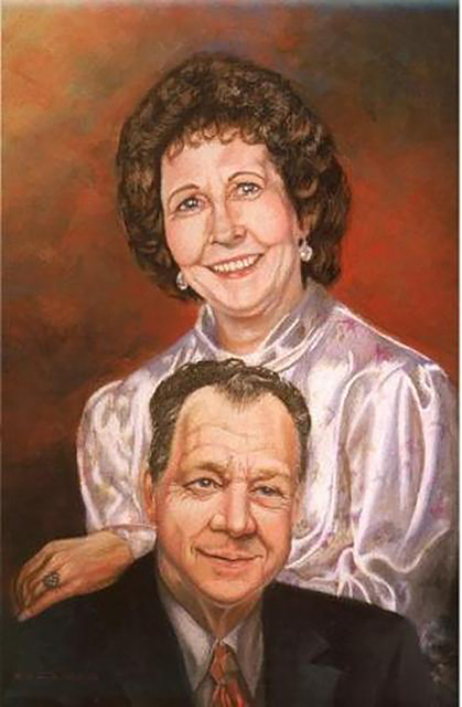 Both the man and the woman were deceased when I started this painting. I used two different photos The wifes arm was resting on a table.  Their son commissioned the peice.                               Pastell  on graybrown canson     Aprox  13"X20"