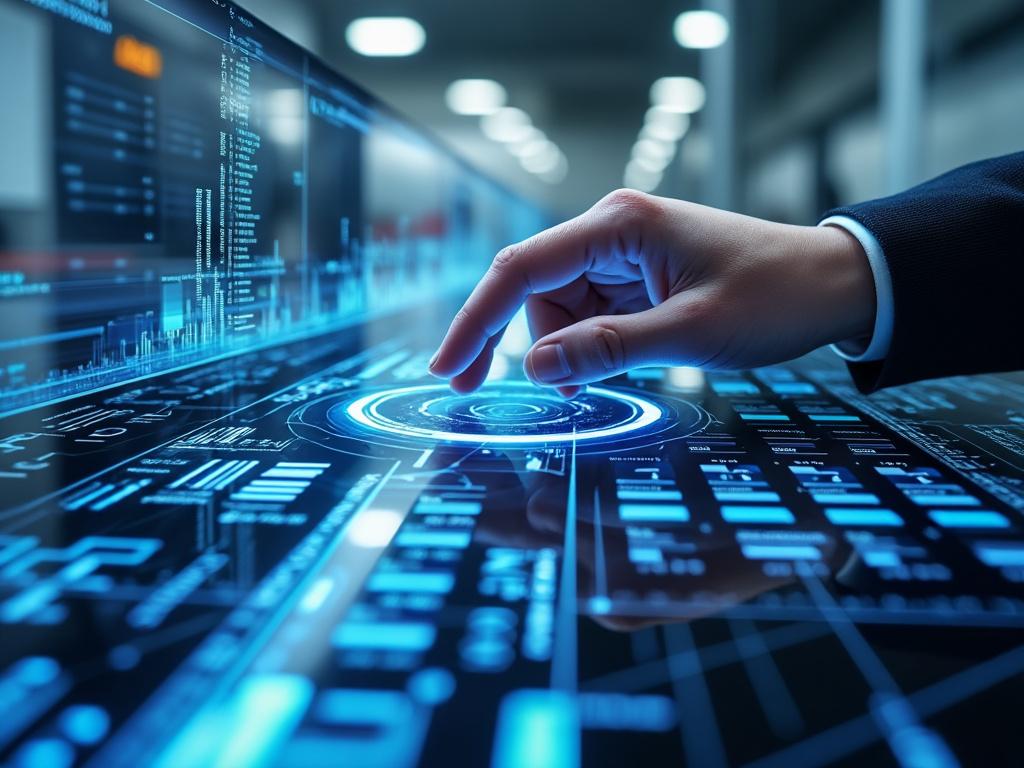 Futuristic technology interface being interacted with by a human hand, displaying data and holographic elements in a modern setting.