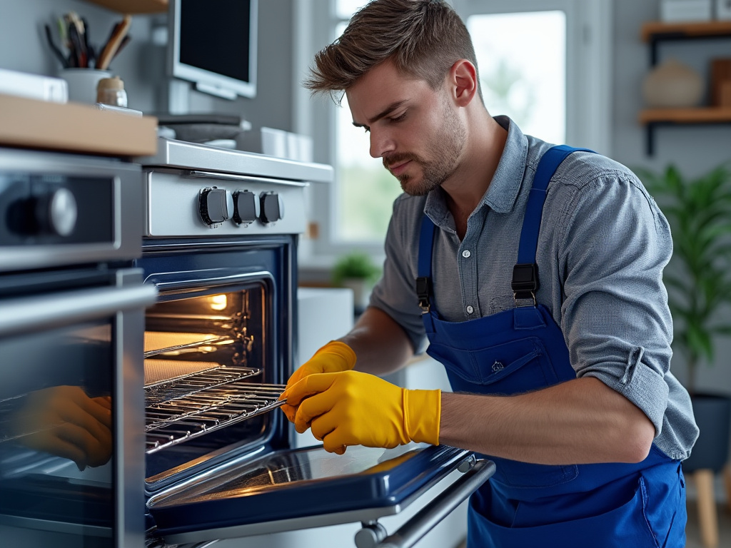 Man in blue overalls and yellow gloves cleaning an open oven in a modern kitchen.