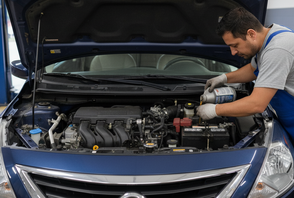 Automóvil deportivo azul en un taller mecánico con ruedas de repuesto en la pared.