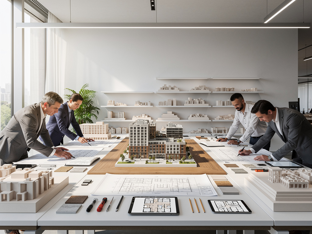 Arquitectos en oficina moderna revisando planos y maqueta de edificio para proyecto inmobiliario Arquitectos en oficina moderna revisando planos y maqueta de edificio para proyecto inmobiliario