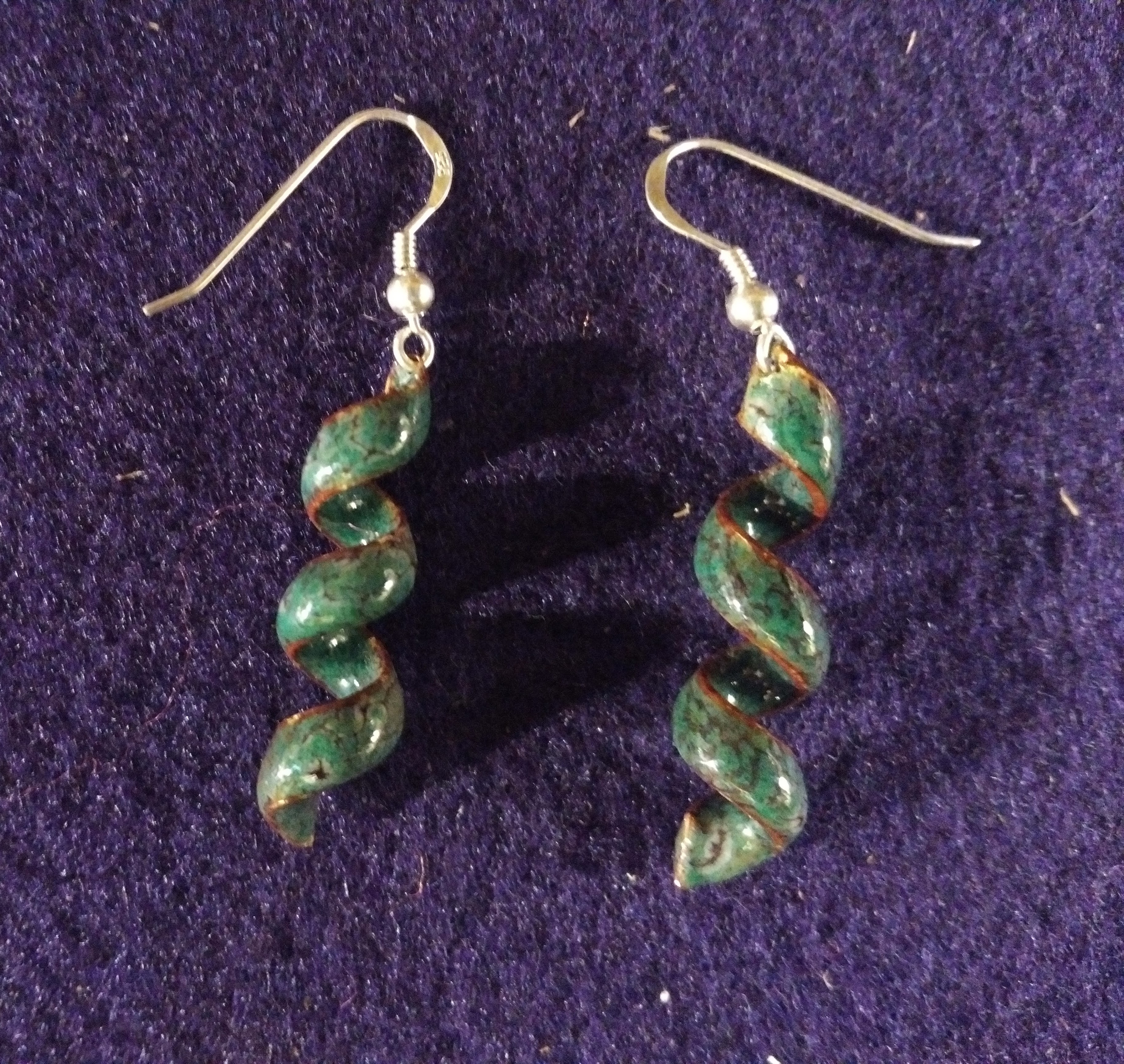 JE001-02 HELIX EARRINGS EMERALD-JAGUAR Torch Fired Copper Enamel with sterling earwire 43mm