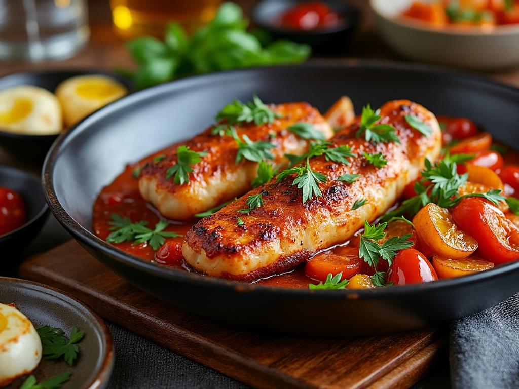 Plato de salchichas asadas en salsa de tomate con hierbas y rodajas de tomate en una sartén.