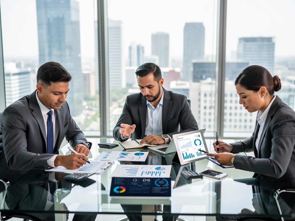Equipo de negocios analizando gráficos financieros en una reunión corporativa con vista a la ciudad