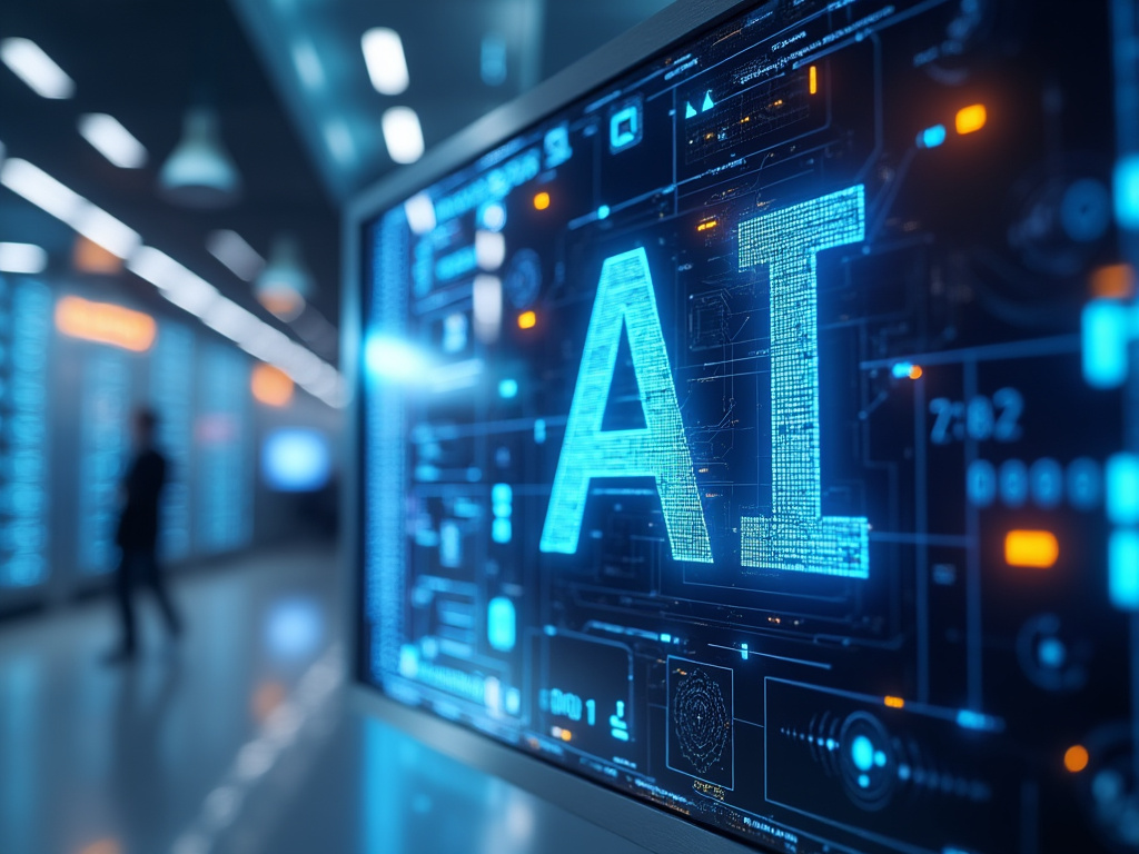 Pantalla futurista con la palabra 'AI' en un centro de datos.