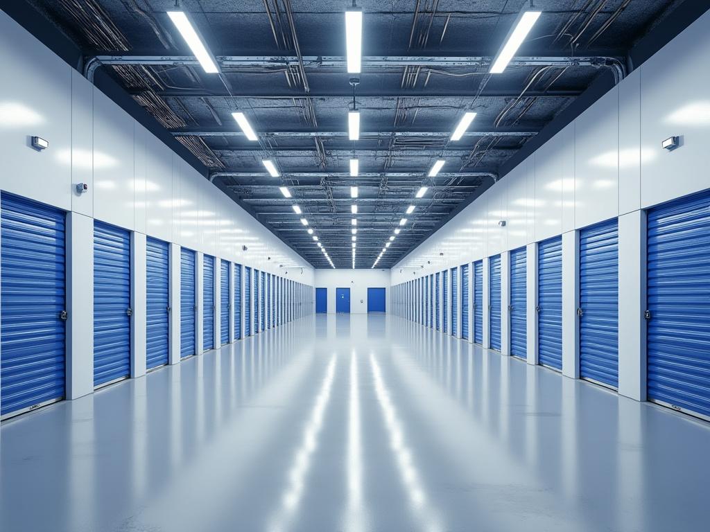 Pasillo interior de almacén con puertas de almacenamiento azules y luces brillantes en el techo.
