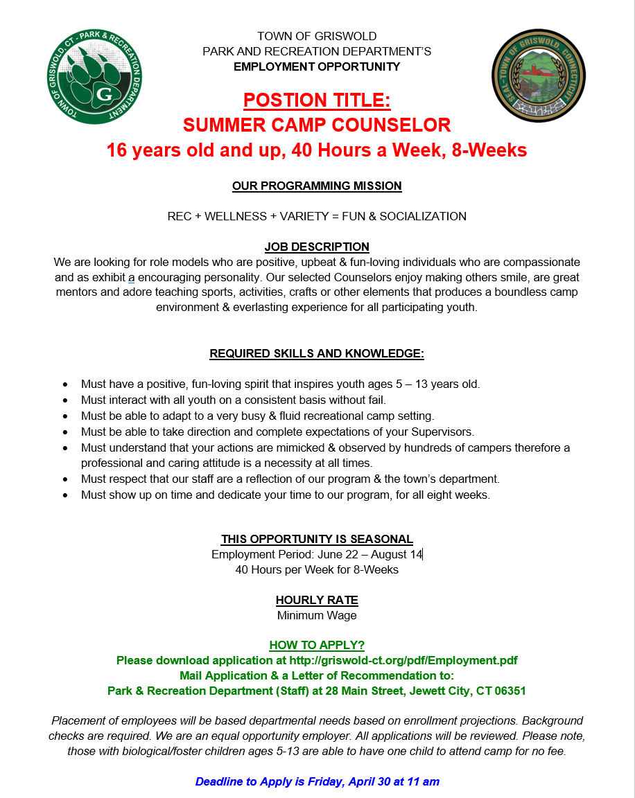 Griswold Ct Park Rec Youth Family Programming Events We Are Hiring 2 Job Openings May Apply For All