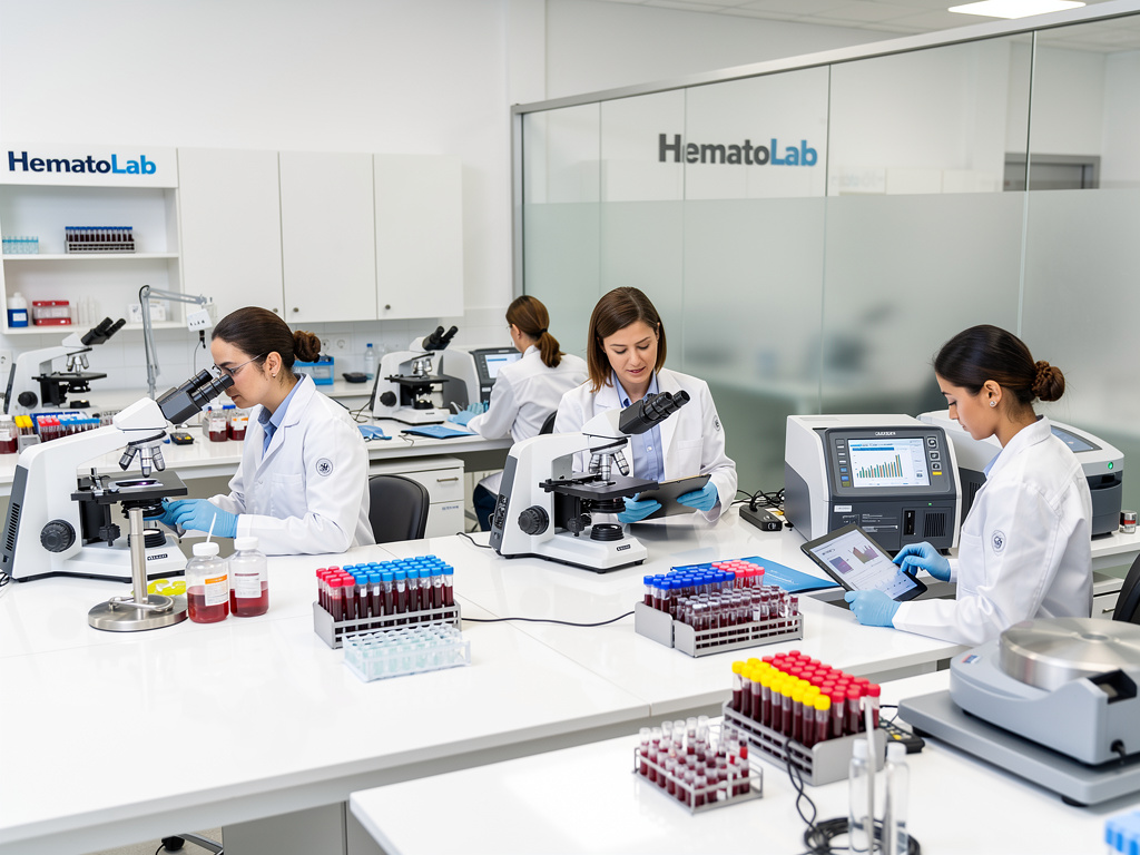 Técnicos de laboratorio analizando muestras de sangre con microscopios y equipos médicos en HematoLab