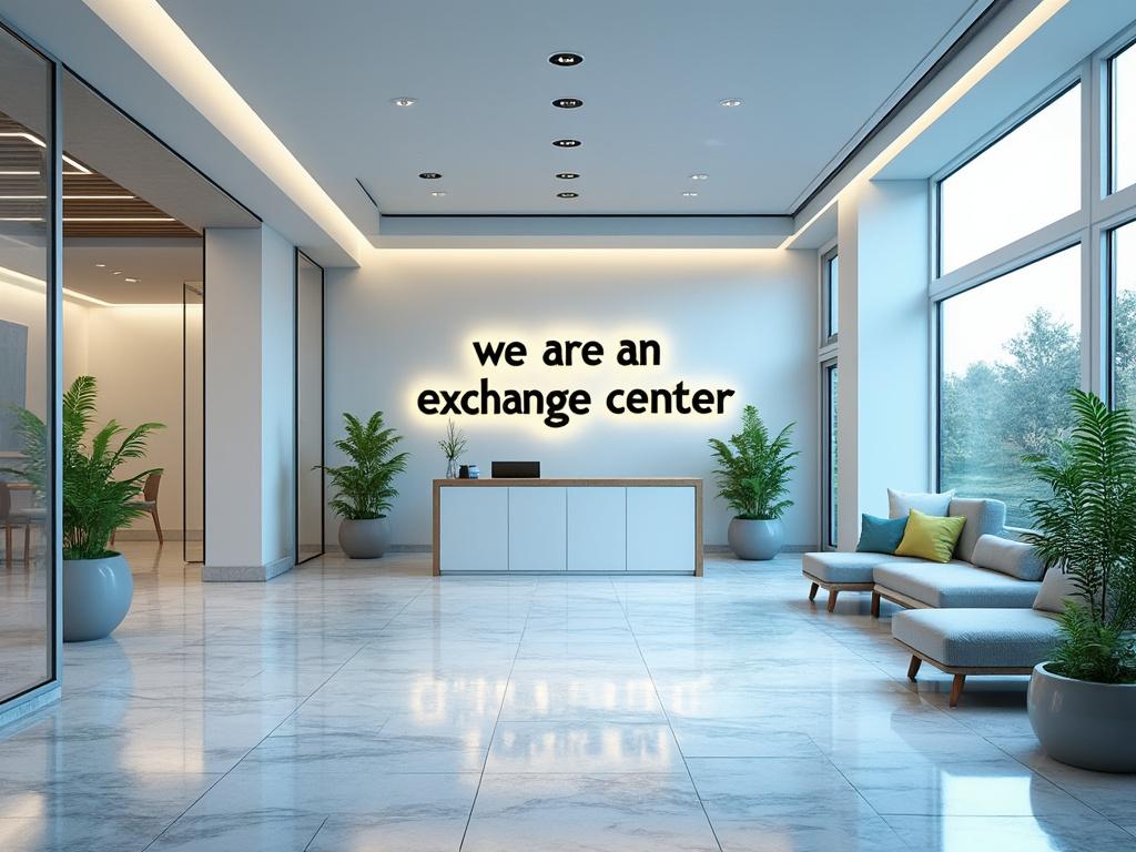 Recepción moderna de centro de intercambio con plantas decorativas y luces suaves.