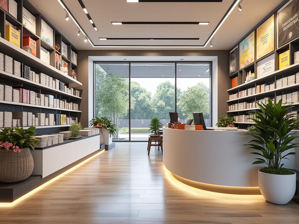 Interior de una librería moderna con estanterías llenas de libros, un mostrador curvado, plantas decorativas y gran ventanal que muestra un jardín exterior.