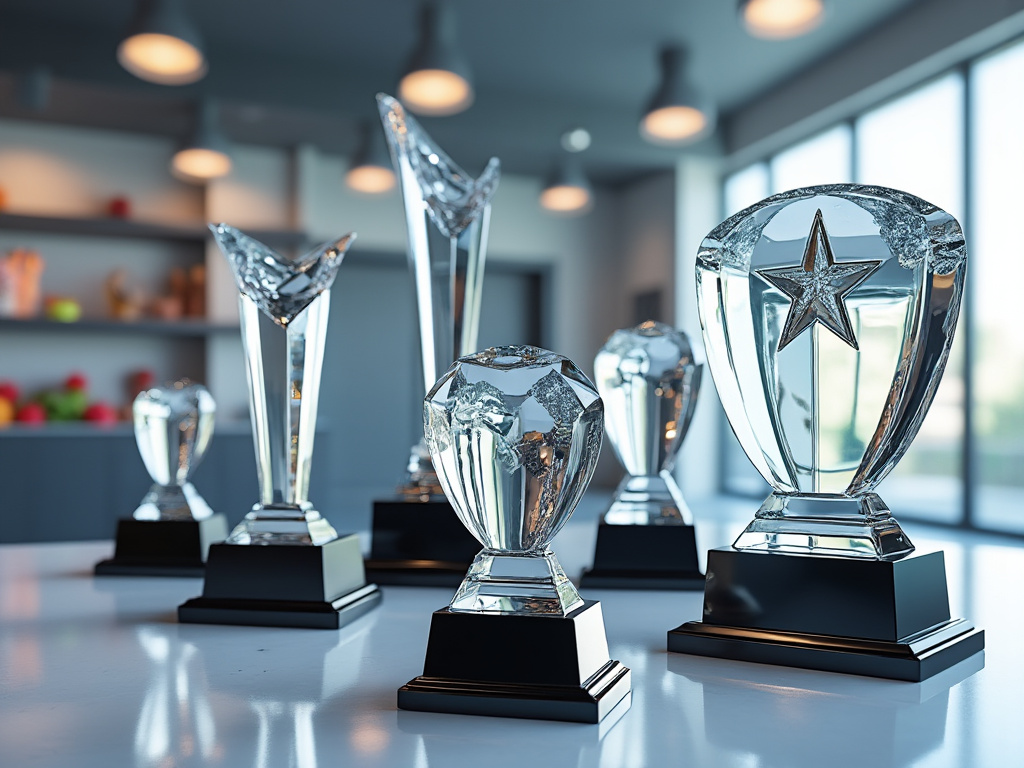 A collection of crystal awards with various designs, including stars and geometric shapes, displayed on a glossy surface in a well-lit room.