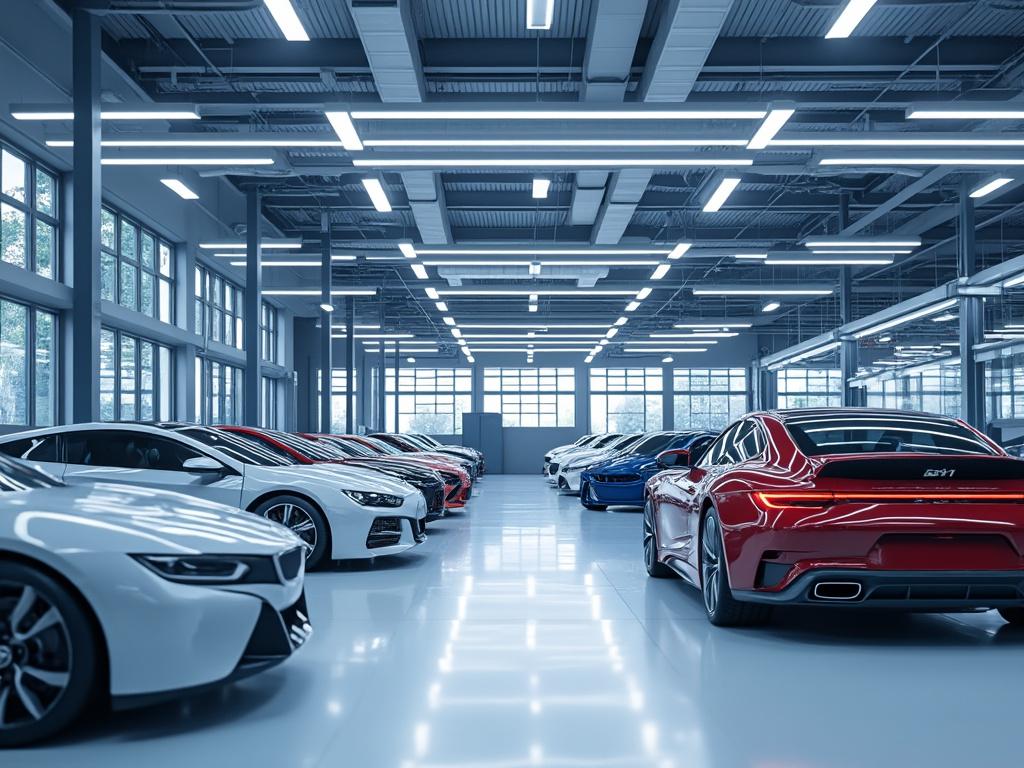 Fila de autos deportivos en un garaje moderno y bien iluminado, con techo alto y ventanas grandes.