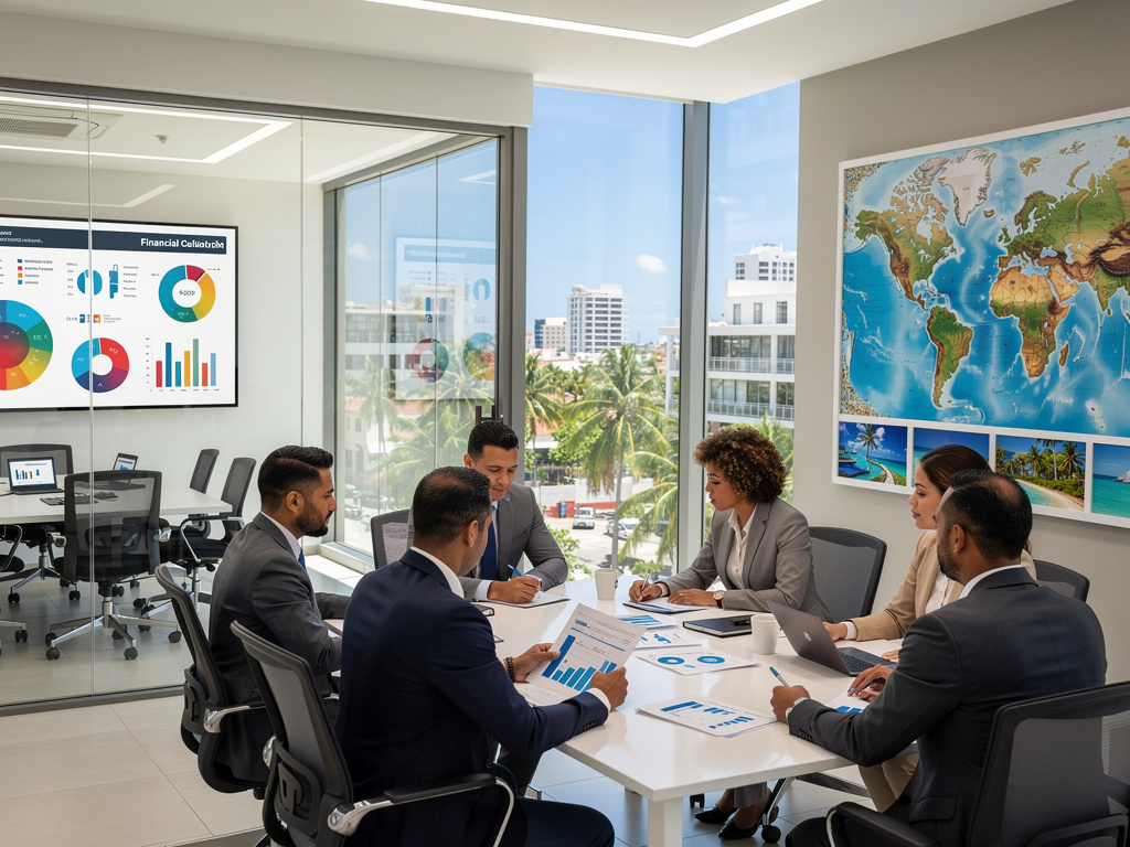 Reunión de negocios internacional en oficina moderna con gráficos financieros y mapa mundial