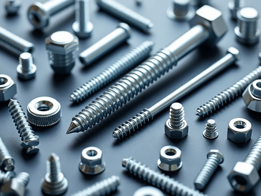 Conjunto de tornillos y pernos metálicos sobre una superficie negra.