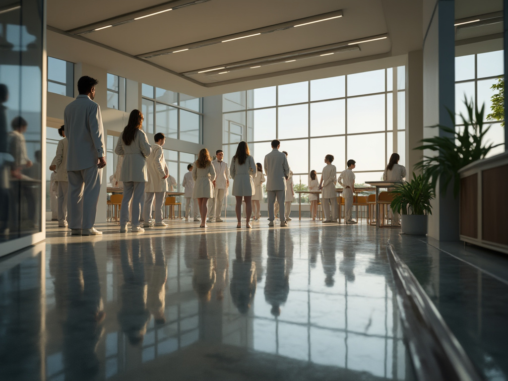 Personas con batas esperando en un moderno vestíbulo con grandes ventanales y plantas decorativas.