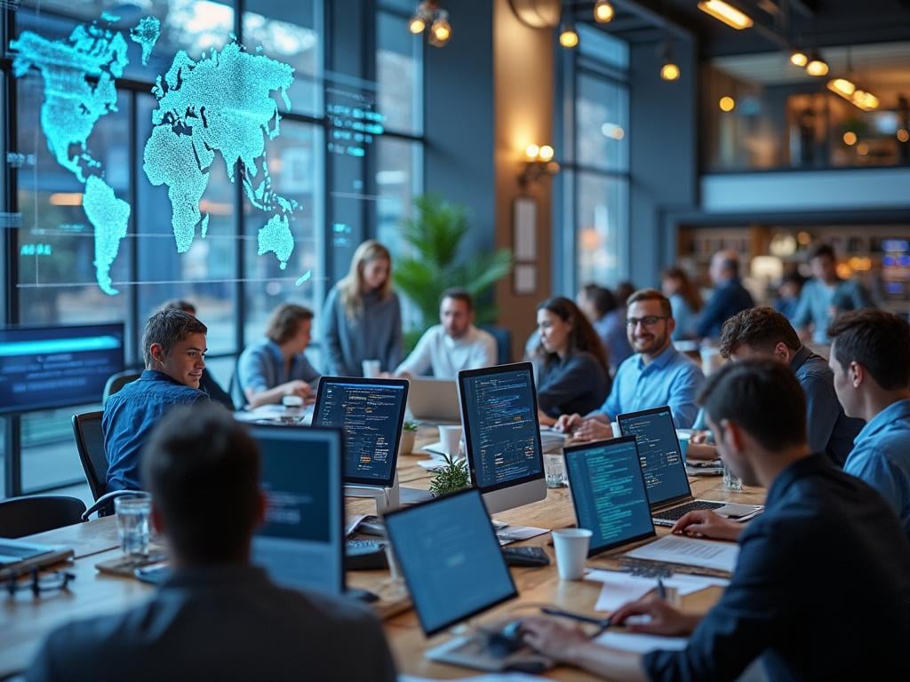 Group of software developers collaborating in a modern office with multiple computers displaying coding screens and a digital world map on the wall. Group of software developers collaborating in a modern office with multiple computers displaying coding screens and a digital world map on the wall.
