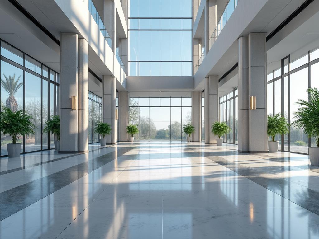 Vestíbulo moderno con grandes ventanales, columnas y plantas decorativas.