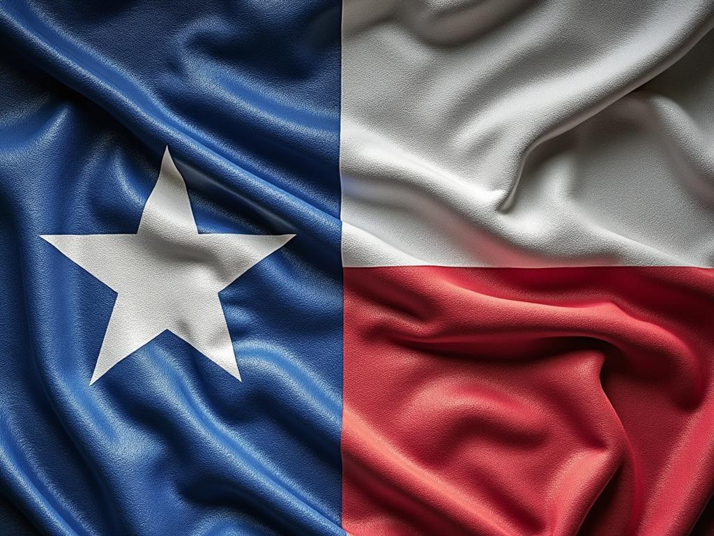 Close-up of the Texas state flag with a white star on a blue background next to horizontal white and red stripes.