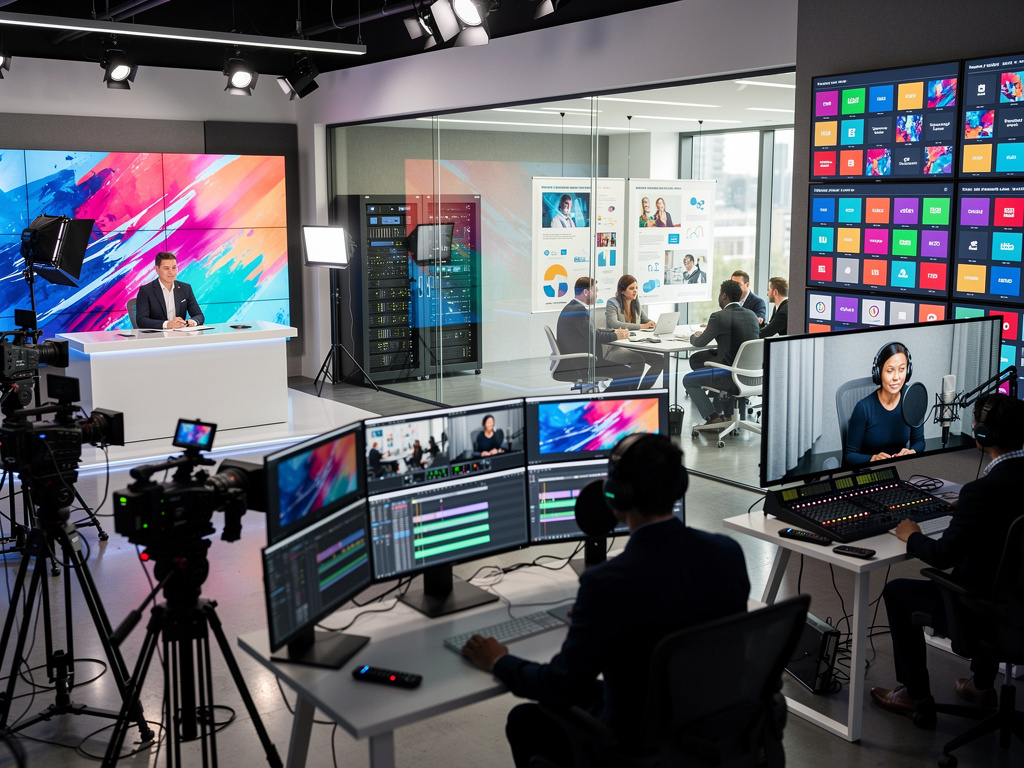 Modern broadcast studio with cameras, control room monitors, live news anchor, podcast recording, and business meeting behind glass
Modern broadcast studio with cameras, control room monitors, live news anchor, podcast recording, and business meeting behind glass