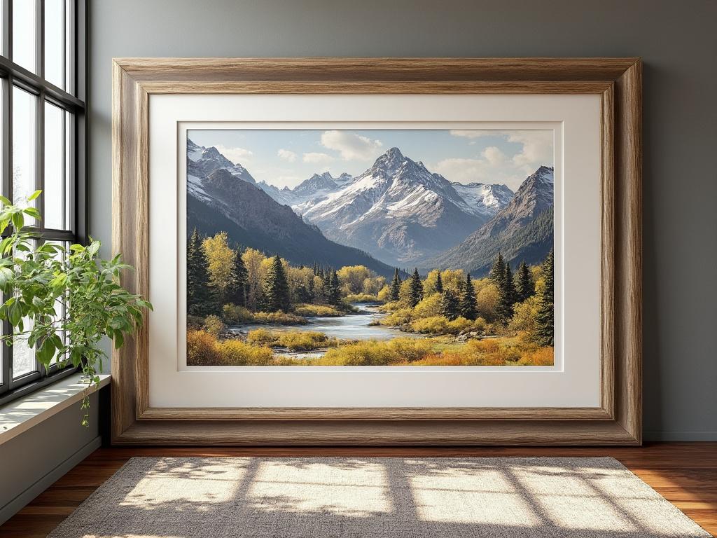 Framed landscape painting of snowy mountains and forested river displayed in a well-lit room with a potted plant.
