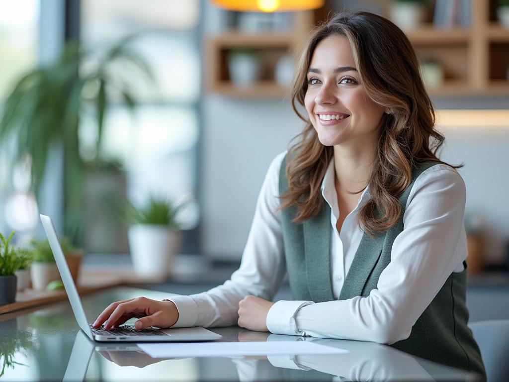 Mujer sonriendo trabajando en una computadora portátil en una oficina moderna con plantas.