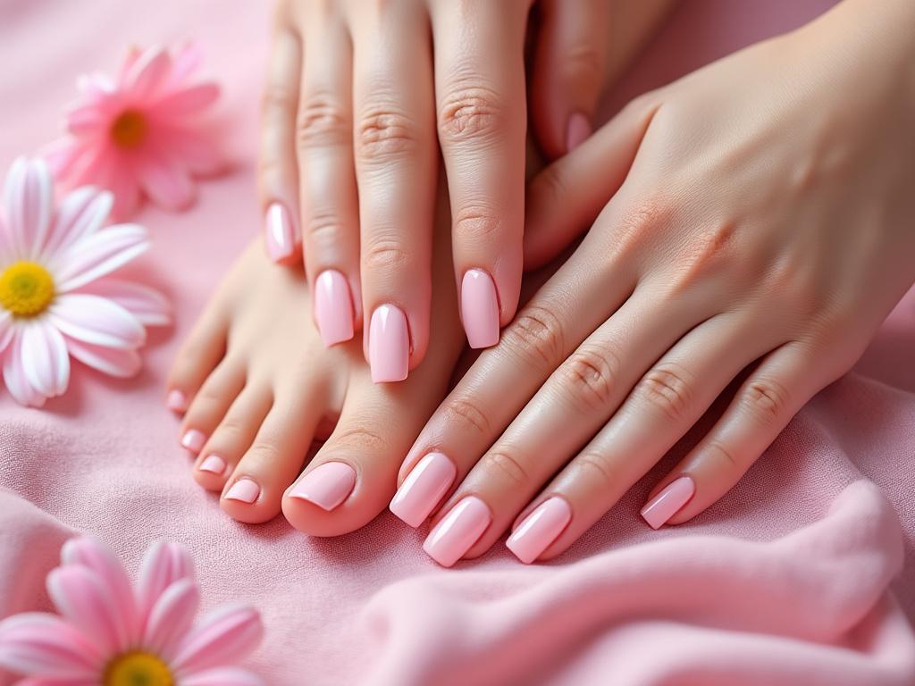 Manos y pies con esmaltado de uñas rosa sobre fondo de tela rosa, decorados con margaritas.