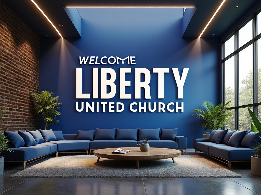Modern church lobby with blue walls, large welcoming sign for Liberty United Church, contemporary furniture, and indoor plants.