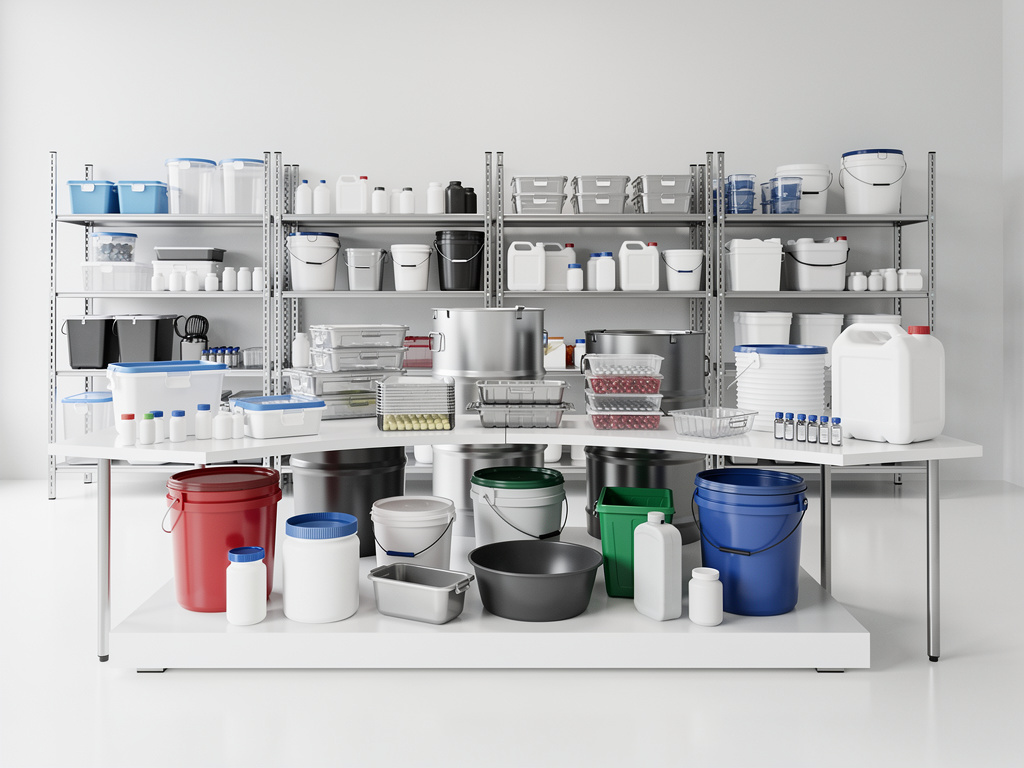 Estanterías de almacén con recipientes de plástico, cubos, bidones y envases industriales organizados en sala blanca